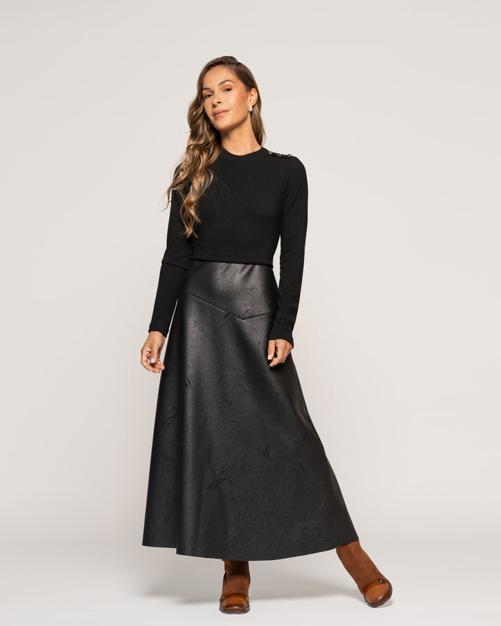 Vestido Midi Gabriela Negro Con Falda Evasé Liso Ludovica
