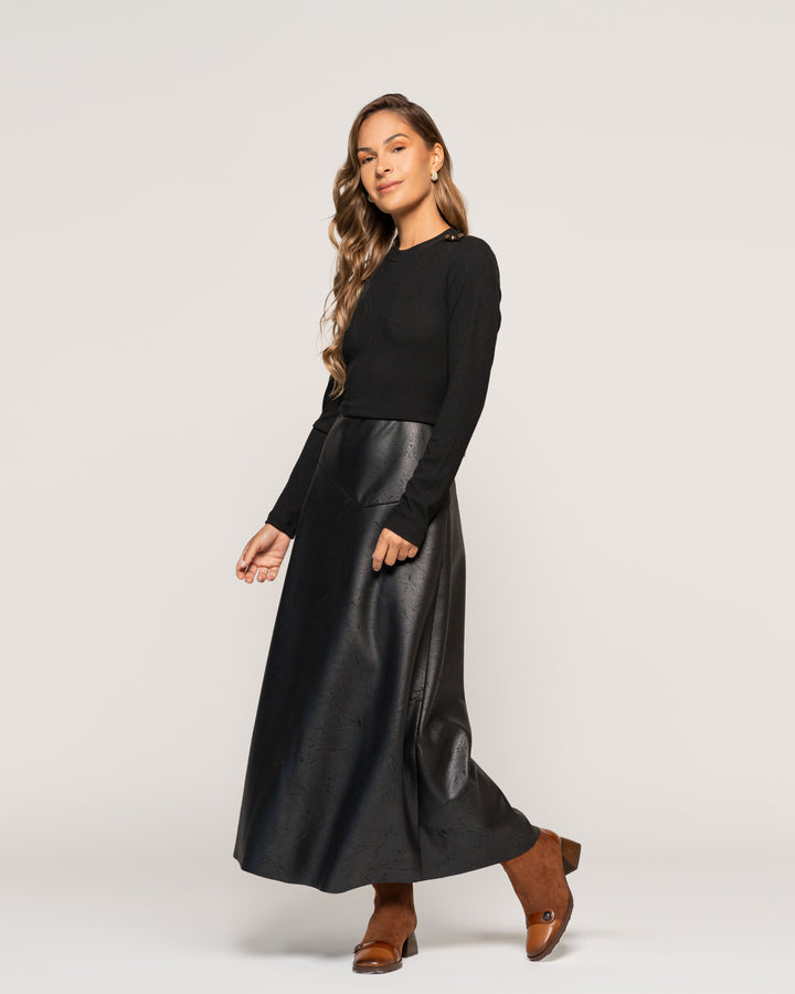 Vestido Midi Gabriela Negro Con Falda Evasé Liso Ludovica