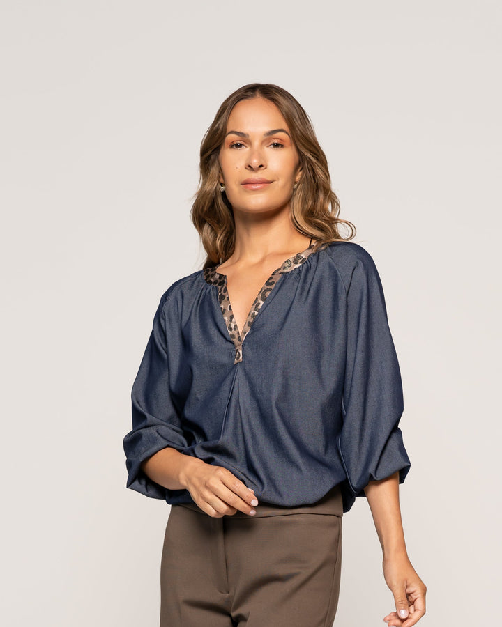 Blusa Amelia Índigo Fluida Cuello V Manga Larga Ludovica