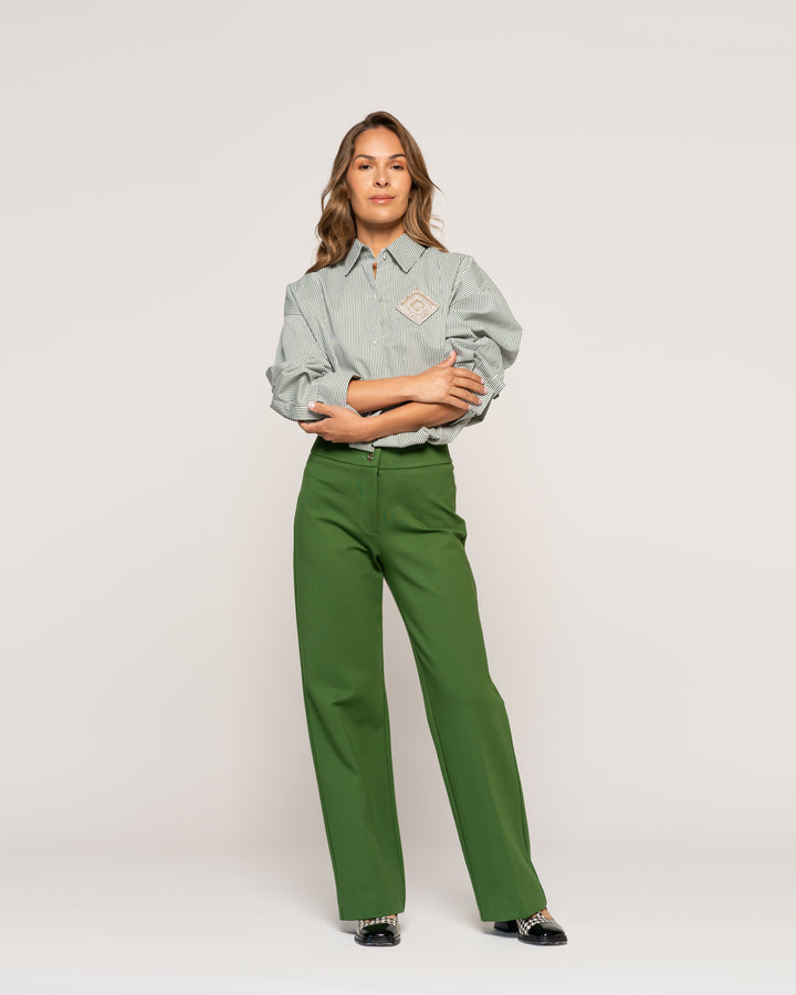 Blusa Ginevra Verde Cuello en V tipo camisa Manga larga Ajustada Puño tipo camisa Mujer