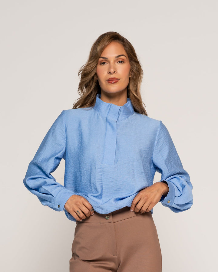 Blusa Alicia Celeste Ajustada Cuello V Manga Larga Ludovica