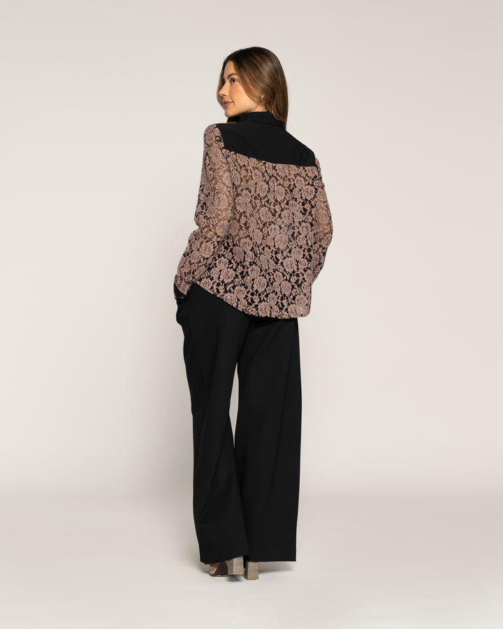 Blusa Fiorella Taupe Fluida Cuello V Manga Larga Ludovica