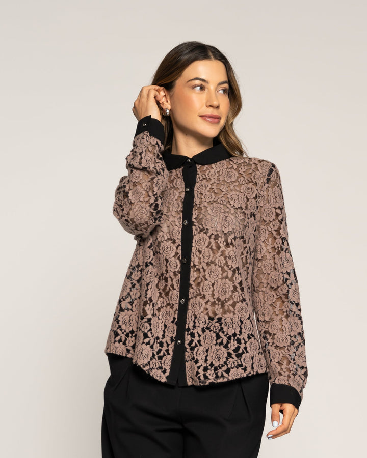 Blusa Fiorella Taupe Fluida Cuello V Manga Larga Ludovica