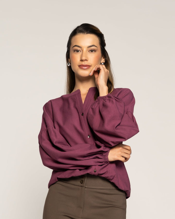 Blusa Macarena Ciruela Fluida Cuello V Manga Larga Ludovica