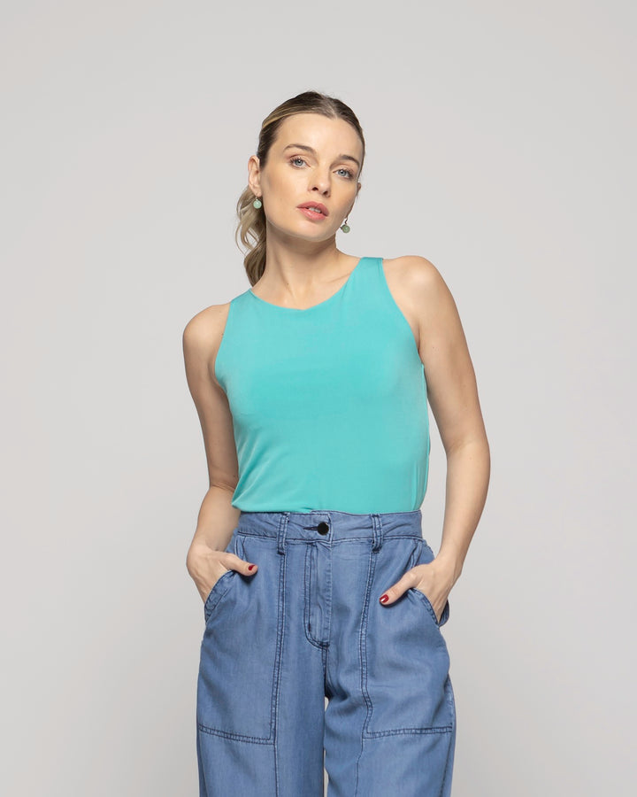 Polera Mujer Pensamiento Cuello Redondo Sin Mangas Ajustada Celeste Agua Ludovica