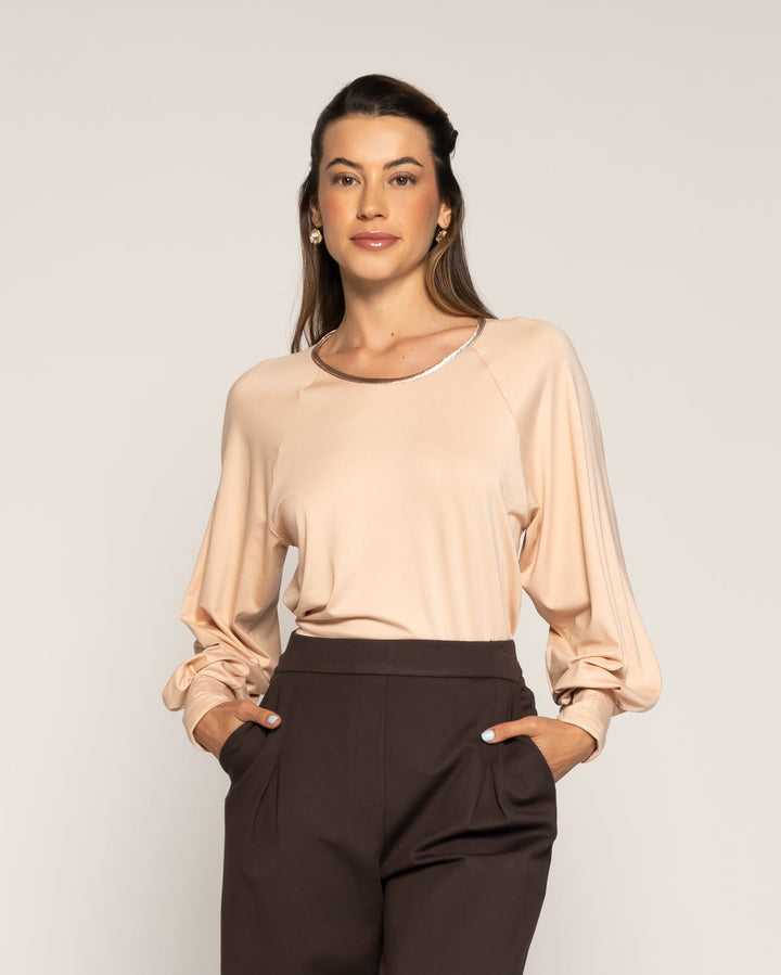 Polera  Valeria Nude Ajustada Cuello Redondo Manga Larga Ludovica