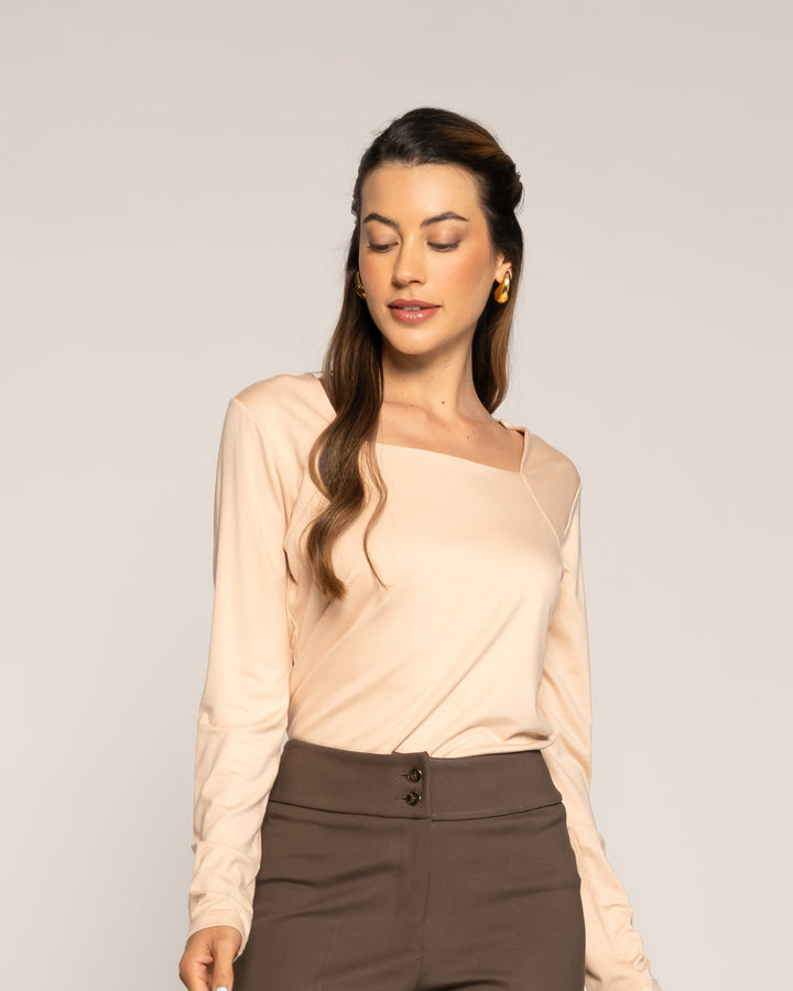 Polera Sonia Nude Ajustada Cuello Redondo Manga Larga Ludovica