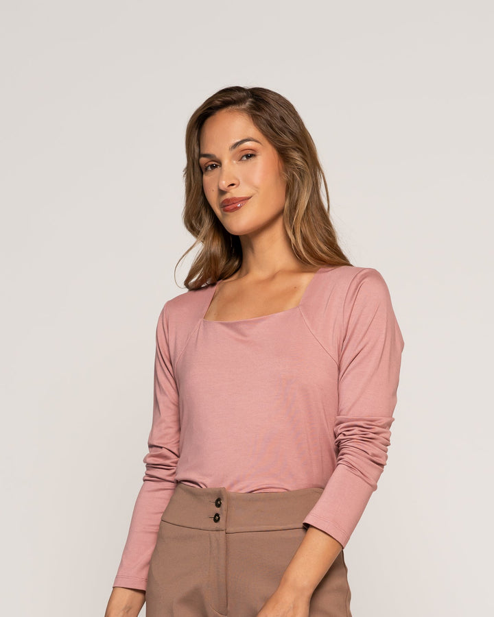 Polera Sonia Rosa Ajustada Cuello Redondo Manga Larga Ludovica