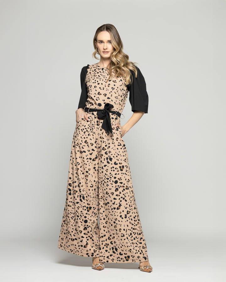Enterito Mujer Acacia Manga 3/4 Palazzo Animal Print Café Moka Ludovica