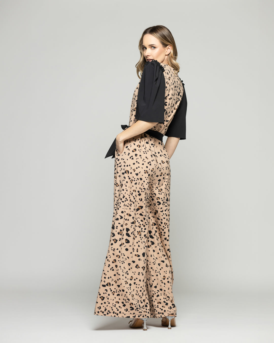 Enterito Mujer Acacia Manga 3/4 Palazzo Animal Print Café Moka Ludovica