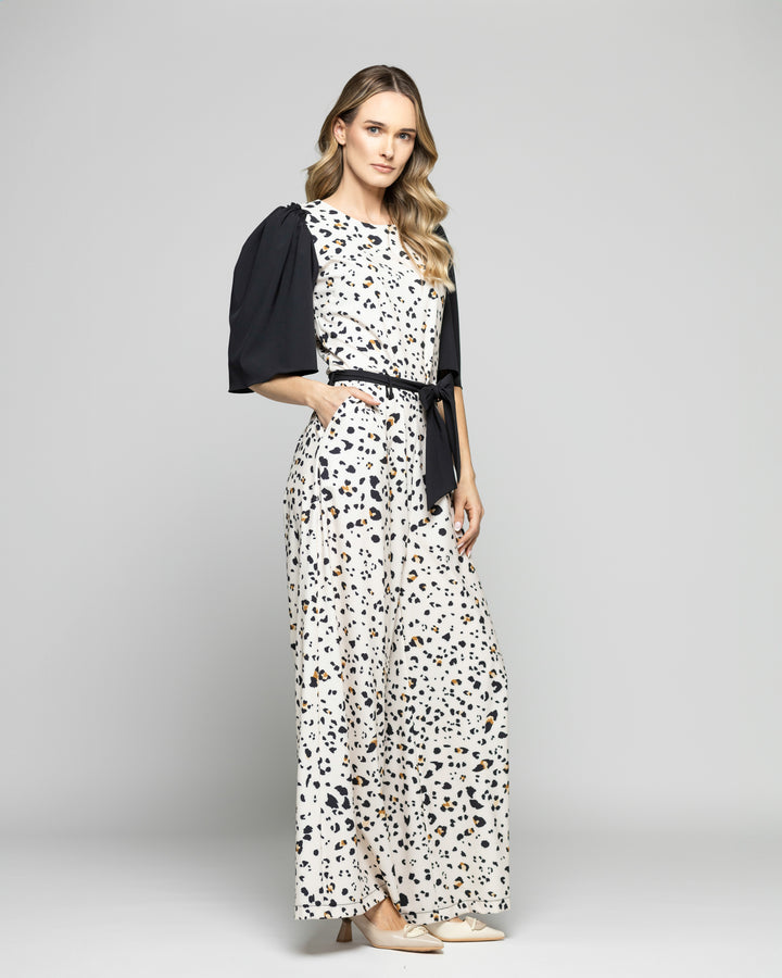 Enterito Mujer Acacia Manga 3/4 Palazzo Animal Print Blanco Vainilla Ludovica