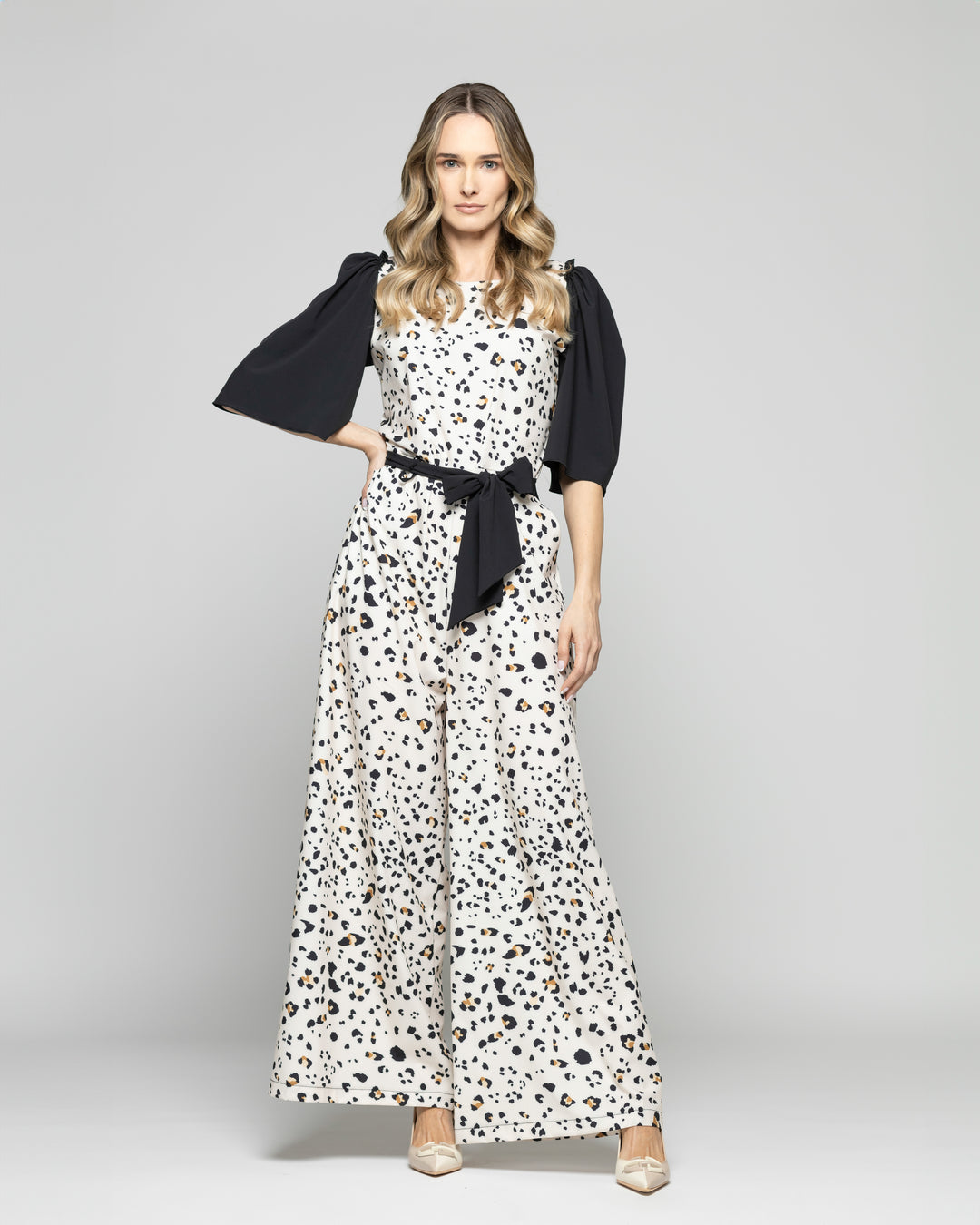 Enterito Mujer Acacia Manga 3/4 Palazzo Animal Print Blanco Vainilla Ludovica