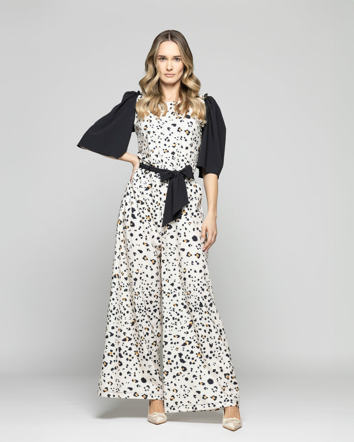 Enterito Mujer Acacia Manga 3/4 Palazzo Animal Print Blanco Vainilla Ludovica
