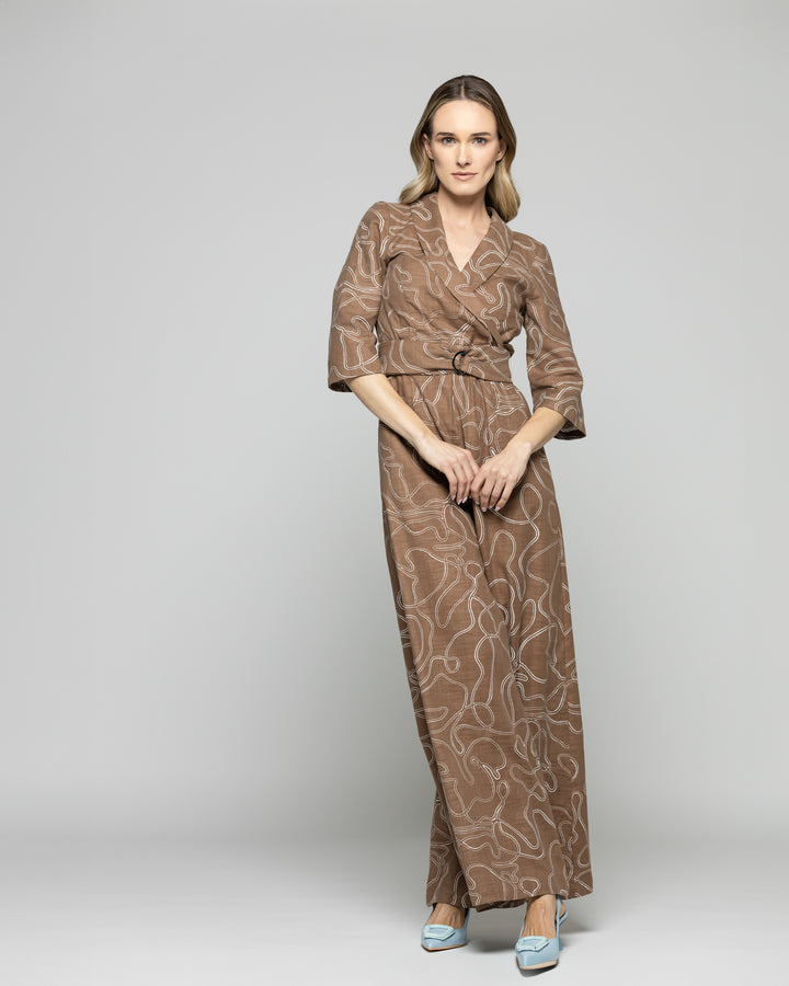 Enterito Mujer Amarilis Escote Cruzado Manga 3/4 Estampado Lineal Café Moka Ludovica