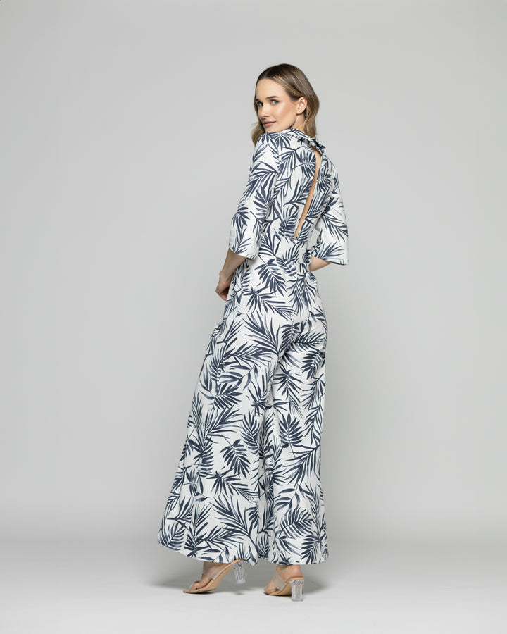 Enterito Mujer Amarilis Escote Cruzado Manga 3/4 Estampado Hojas Blanco Y Azul Ludovica