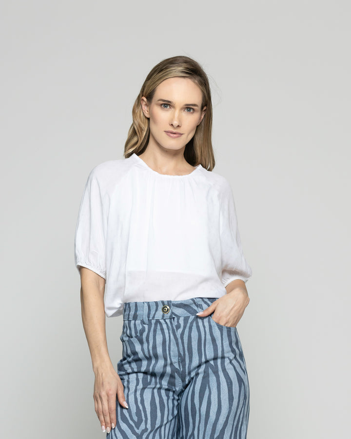 Blusa Mujer Bromelia Manga Globo Escote Redondo Blanca Crudo Ludovica