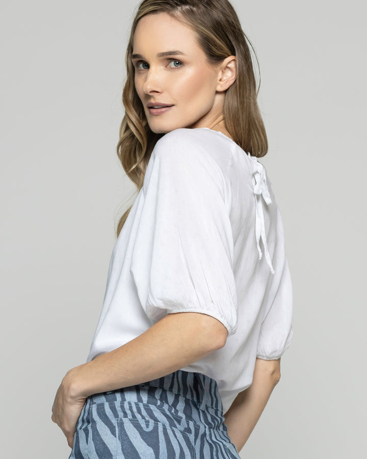 Blusa Mujer Bromelia Manga Globo Escote Redondo Blanca Crudo Ludovica