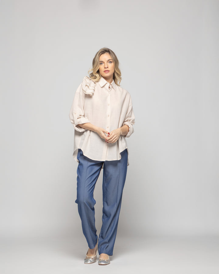 Blusa Mujer Buganvilla Camisera Viscosa Manga Larga Detalle Flor Beige Ludovica