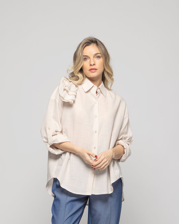 Blusa Mujer Buganvilla Camisera Viscosa Manga Larga Detalle Flor Beige Ludovica