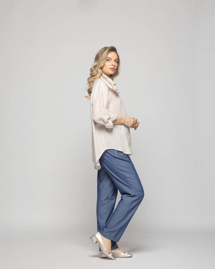 Blusa Mujer Buganvilla Camisera Viscosa Manga Larga Detalle Flor Beige Ludovica
