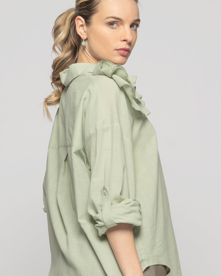 Blusa Mujer Buganvilla Camisera Viscosa Manga Larga Detalle Flor Verde Salvia Ludovica