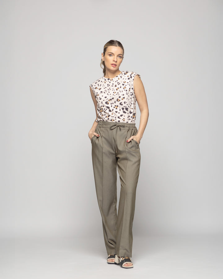 Blusa Mujer Bignonia Sin Mangas Cuello Drapeado Animal Print Blanco Vainilla Ludovica