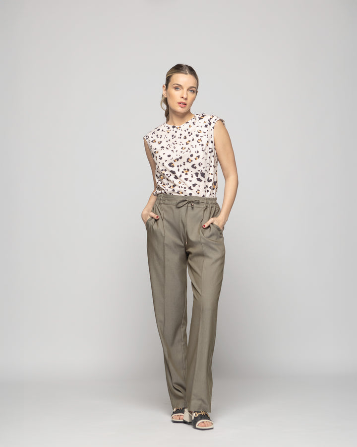 Blusa Mujer Bignonia Sin Mangas Cuello Drapeado Animal Print Blanco Vainilla Ludovica