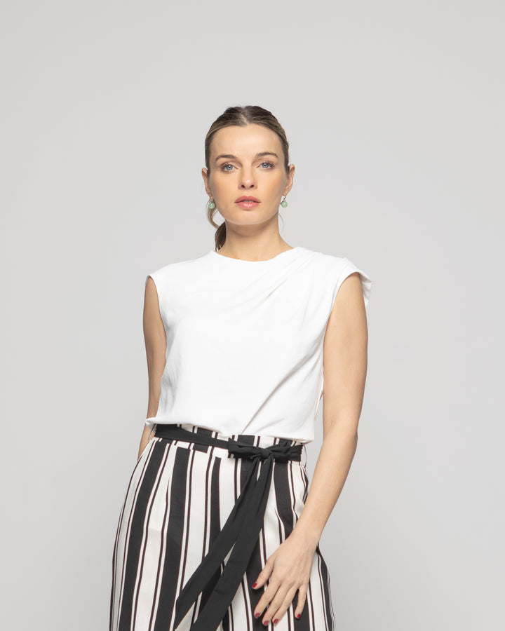 Blusa Mujer Bignonia Sin Mangas Cuello Drapeado Lisa Blanco Crudo Ludovica