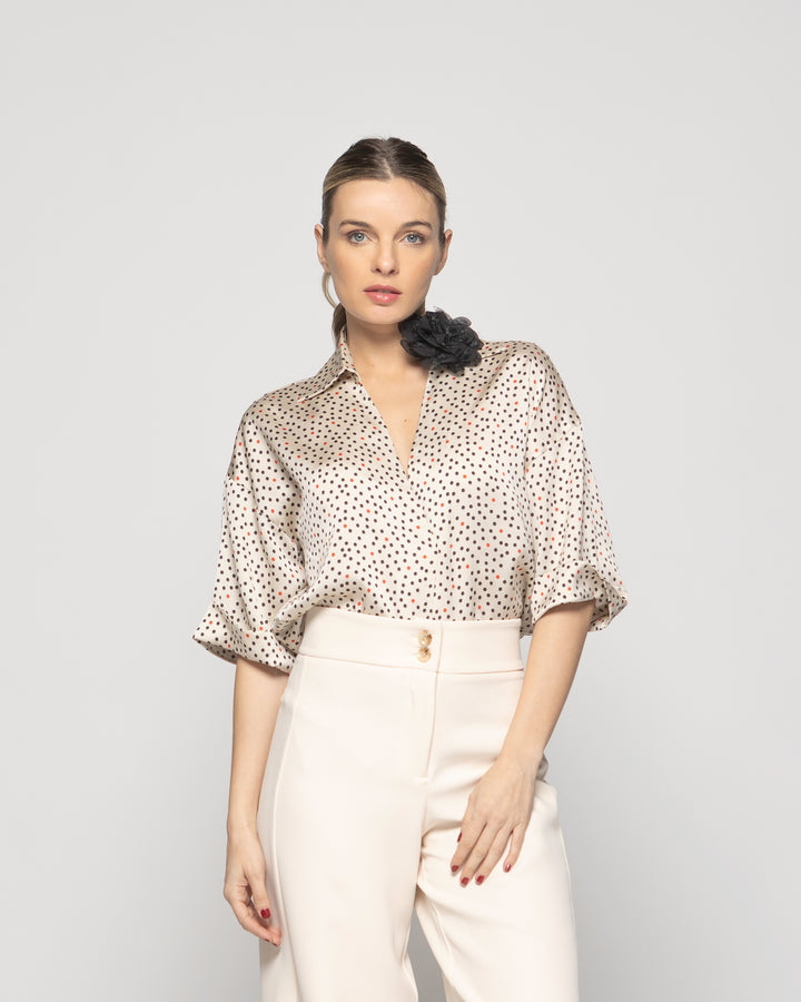 Blusa Mujer Boronia Escote V Estampado Lunares Colores Beige Ludovica