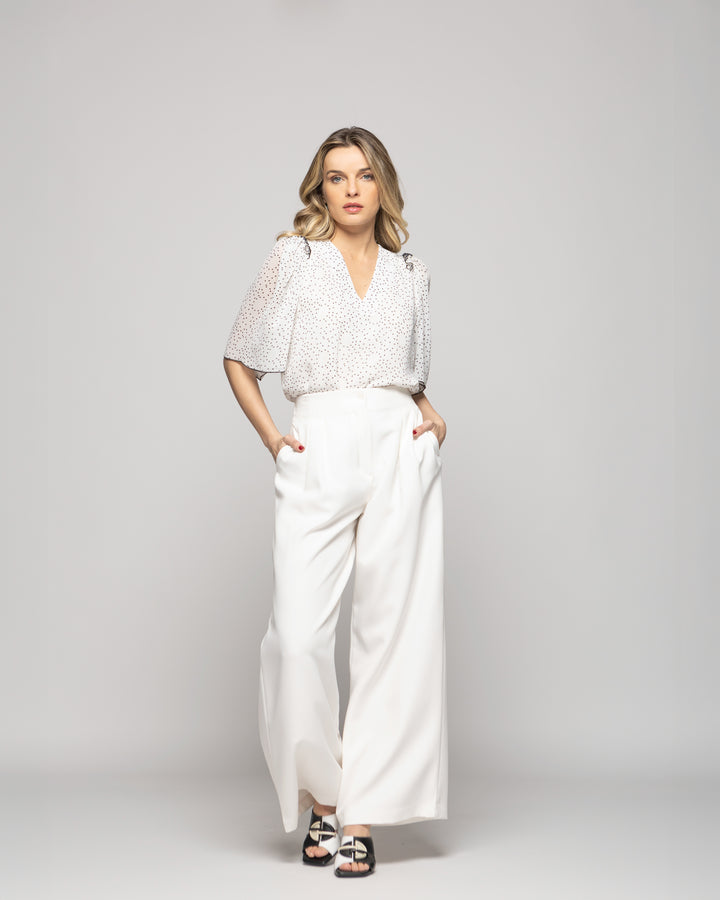 Blusa Mujer Bouvardia Escote V Mini Lunares Blanca Ludovica