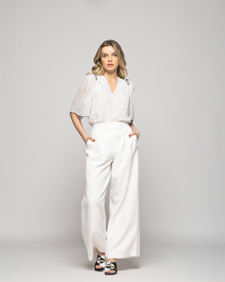 Blusa Mujer Bouvardia Escote V Mini Lunares Blanca Ludovica