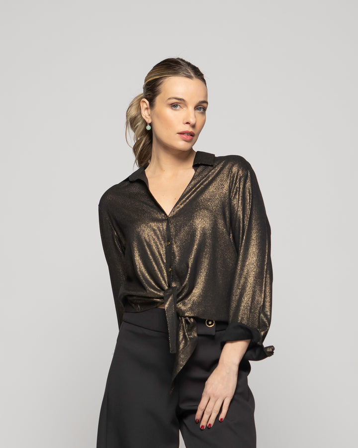Blusa Mujer Crisantemo Viscosa Manga Larga Y Amarre Frontal Metalizada Ludovica