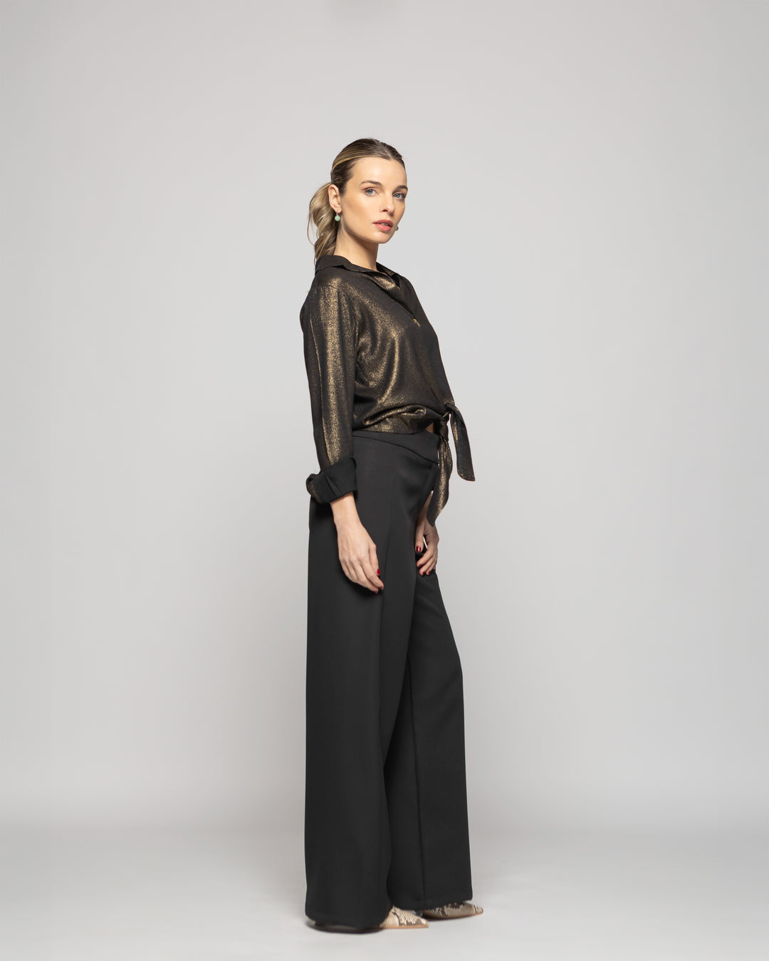 Blusa Mujer Crisantemo Viscosa Manga Larga Y Amarre Frontal Metalizada Ludovica