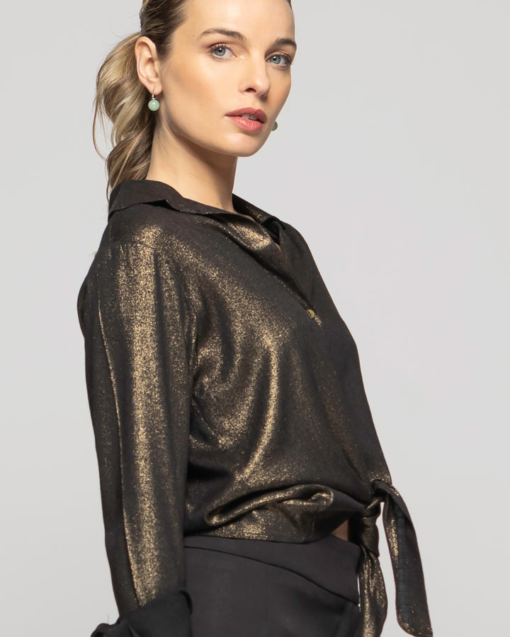 Blusa Mujer Crisantemo Viscosa Manga Larga Y Amarre Frontal Metalizada Ludovica