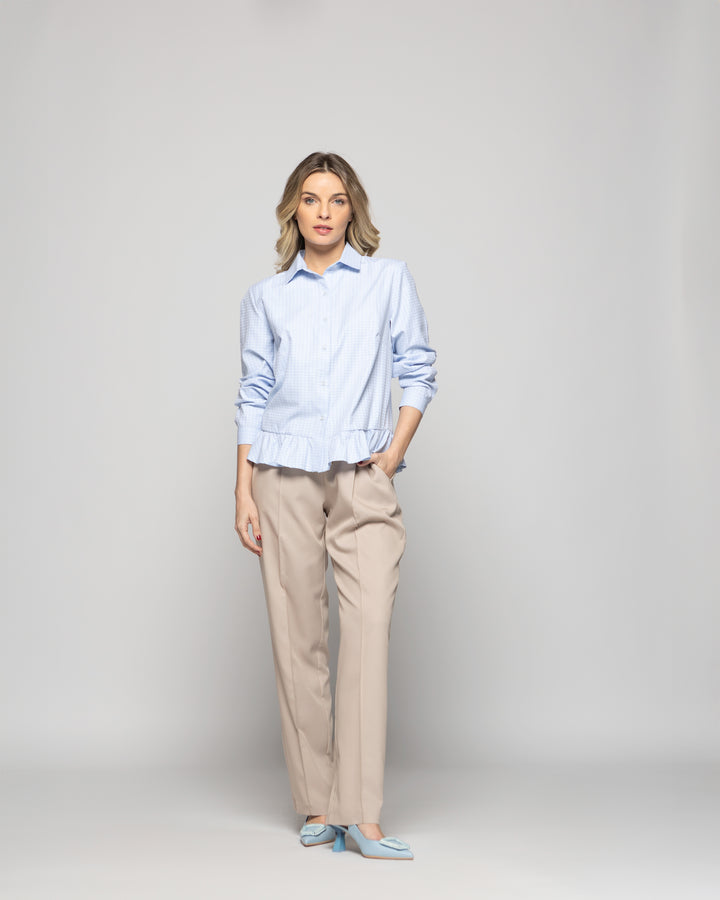 Blusa Mujer Cala Camisera Houndstooth Con Volante En Basta Celeste Ludovica