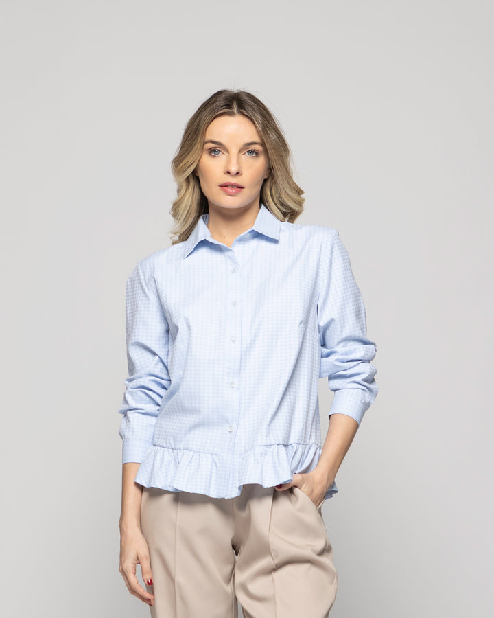 Blusa Mujer Cala Camisera Houndstooth Con Volante En Basta Celeste Ludovica