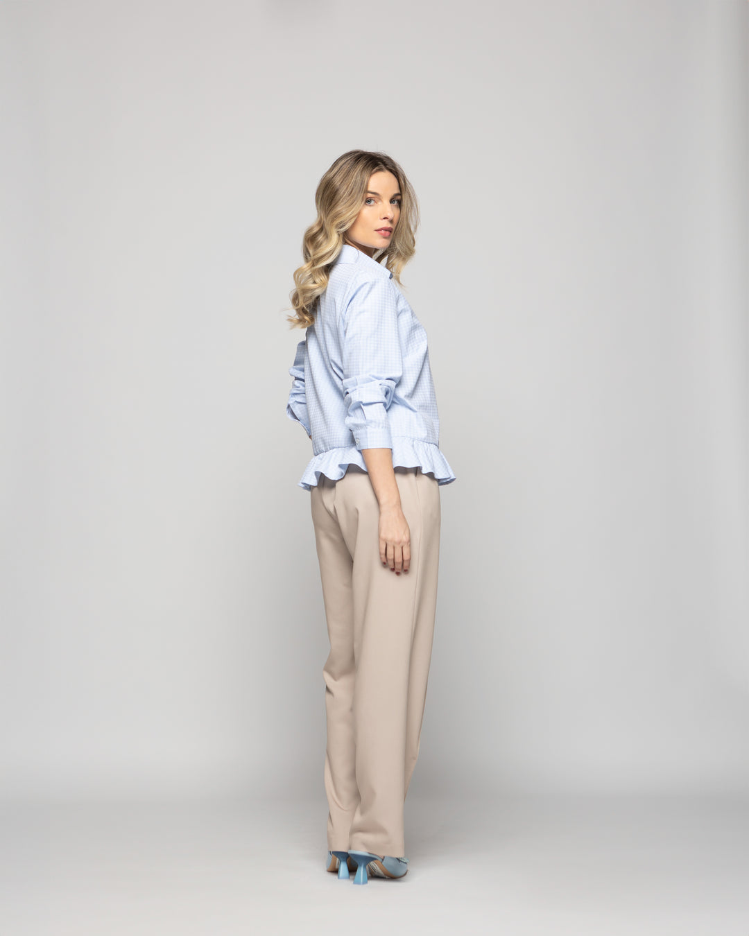 Blusa Mujer Cala Camisera Houndstooth Con Volante En Basta Celeste Ludovica