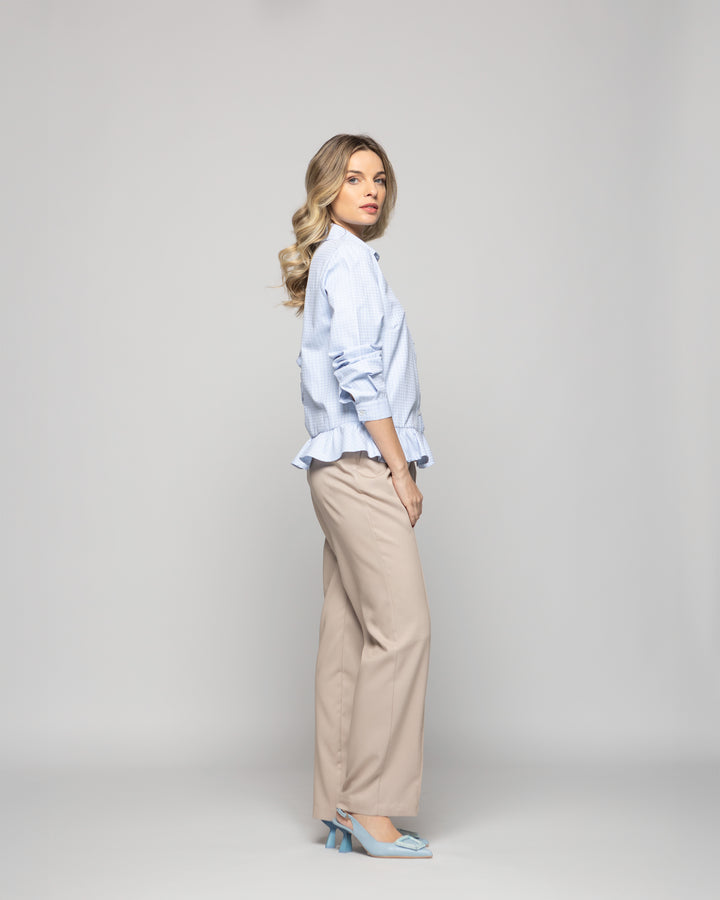 Blusa Mujer Cala Camisera Houndstooth Con Volante En Basta Celeste Ludovica