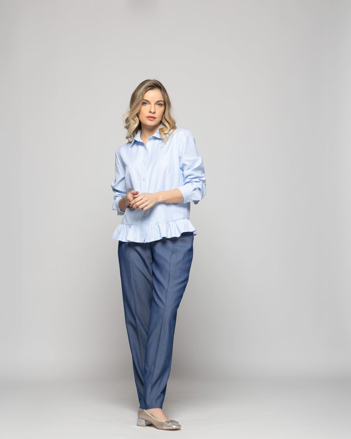 Blusa Mujer Cala Camisera Lisa Con Volante En Basta Celeste Ludovica