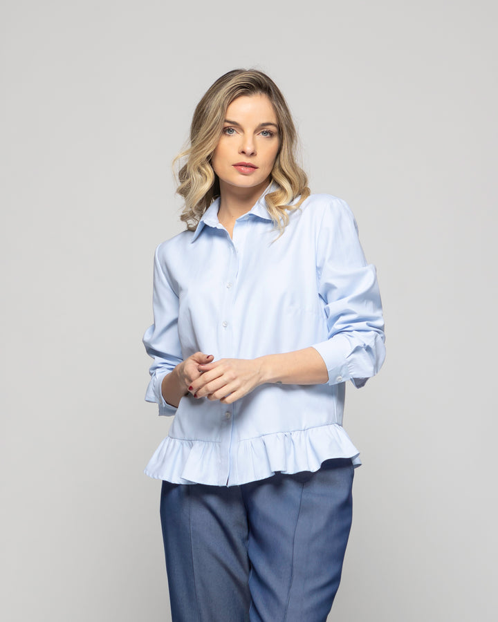 Blusa Mujer Cala Camisera Lisa Con Volante En Basta Celeste Ludovica