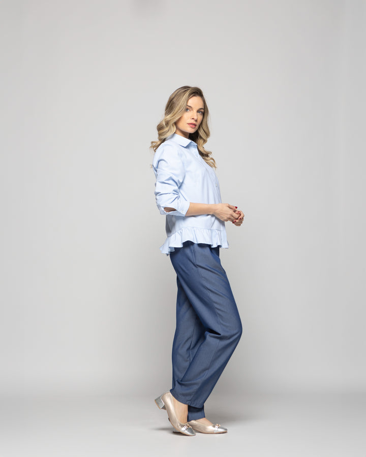 Blusa Mujer Cala Camisera Lisa Con Volante En Basta Celeste Ludovica