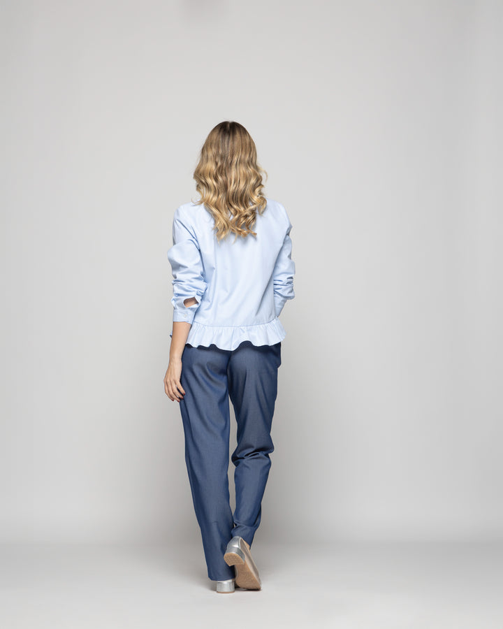 Blusa Mujer Cala Camisera Lisa Con Volante En Basta Celeste Ludovica