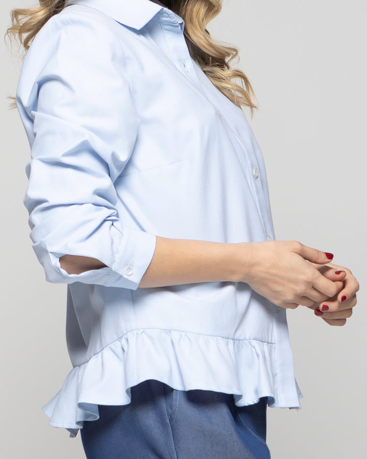 Blusa Mujer Cala Camisera Lisa Con Volante En Basta Celeste Ludovica
