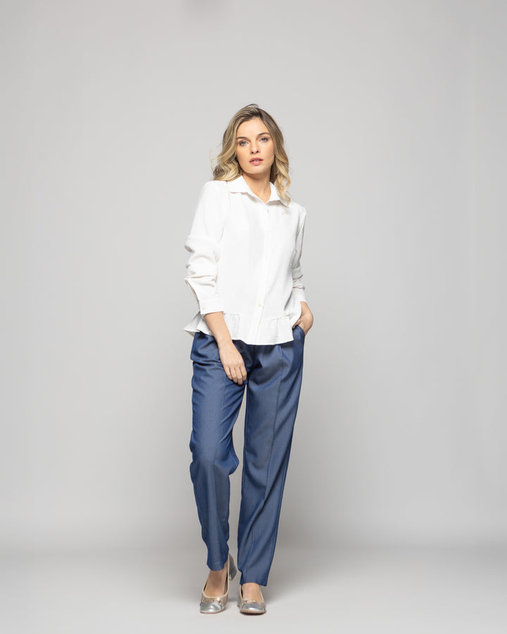 Blusa Mujer Cala Camisera Lisa Con Volante En Basta Blanca Crudo Ludovica