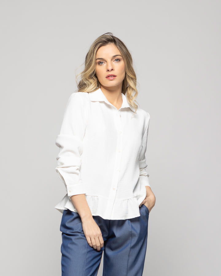 Blusa Mujer Cala Camisera Lisa Con Volante En Basta Blanca Crudo Ludovica