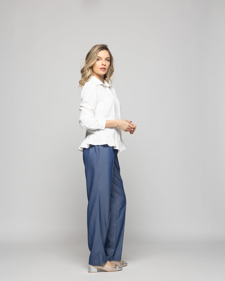 Blusa Mujer Cala Camisera Lisa Con Volante En Basta Blanca Crudo Ludovica
