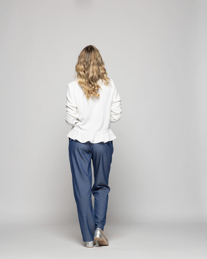 Blusa Mujer Cala Camisera Lisa Con Volante En Basta Blanca Crudo Ludovica