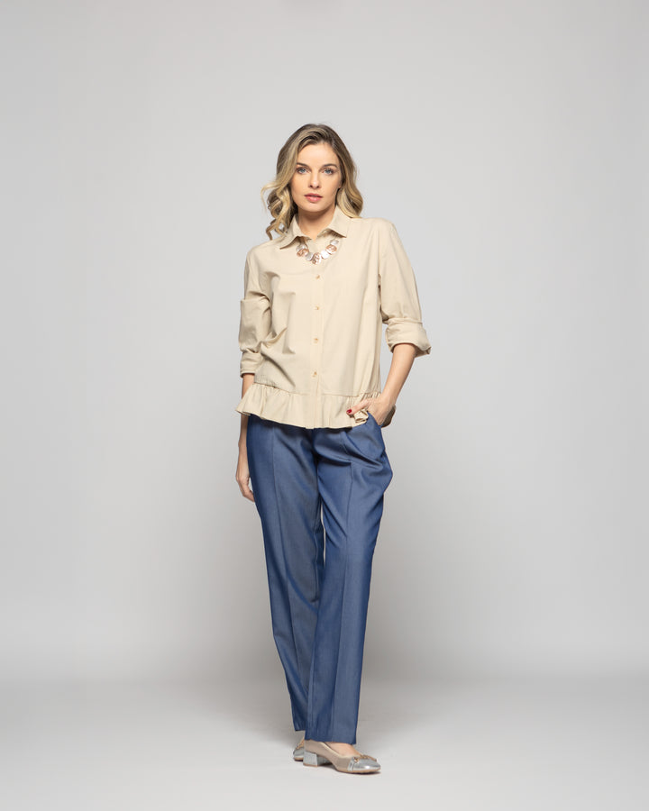 Blusa Mujer Cala Camisera Lisa Con Volante En Basta Blanca Beige Ludovica