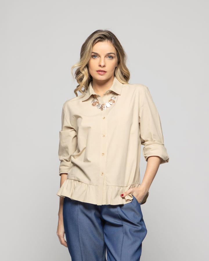 Blusa Mujer Cala Camisera Lisa Con Volante En Basta Blanca Beige Ludovica