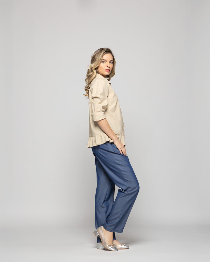 Blusa Mujer Cala Camisera Lisa Con Volante En Basta Blanca Beige Ludovica